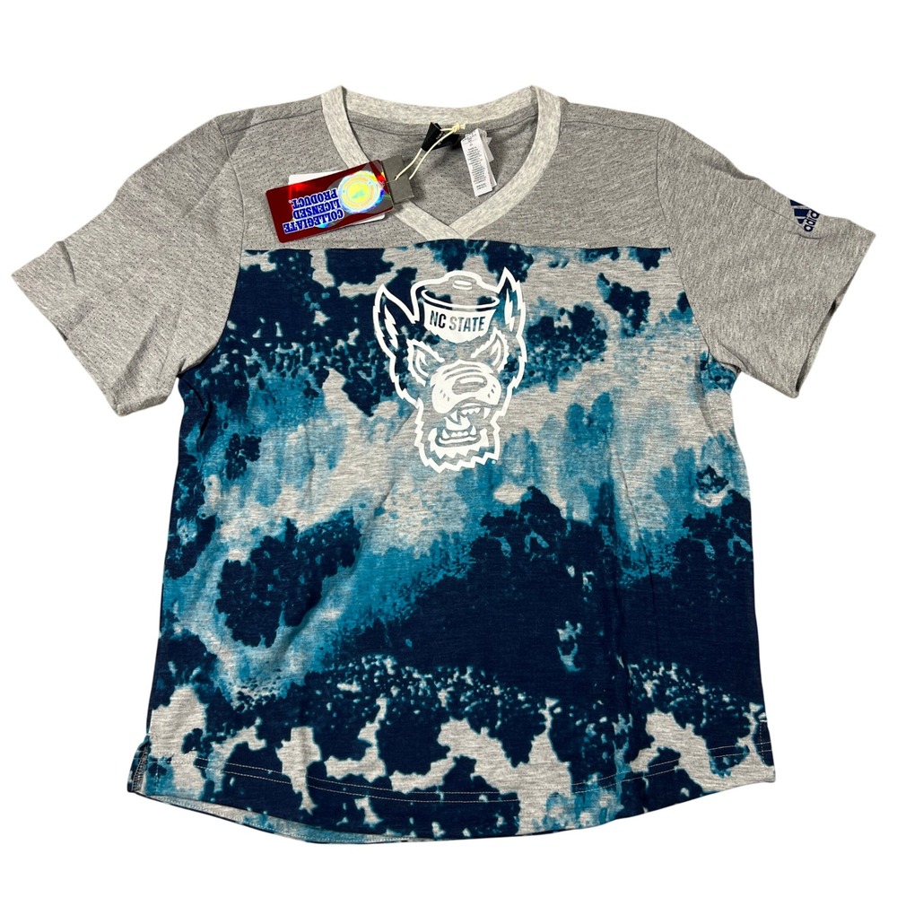 Adidas NC State Wolfpack Womens Small Gray Blue Tie Dye V-Neck T-Shirt NWT‎